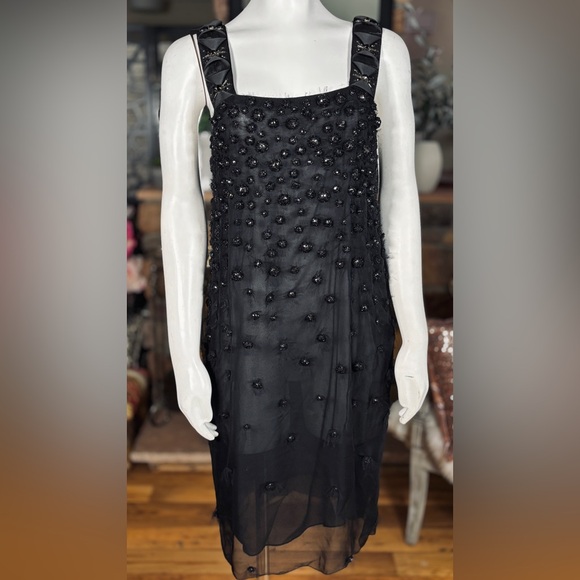 Proenza Schouler Black Silk Hand Beaded 2-Layer Semi Sheer Ribbon Dress Sz 8